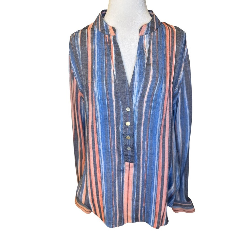 Zac & Rachel Womens Medium Blue Orange Striped Split Neck Long Sleeve Blouse‎